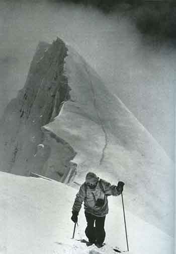 
Hermann Buhl climbing Chogolisa June 26, 1957. Shortly after, they were forced to retreat and one of the cornices gave way, plunging him to his death - Quest For Adventure book
